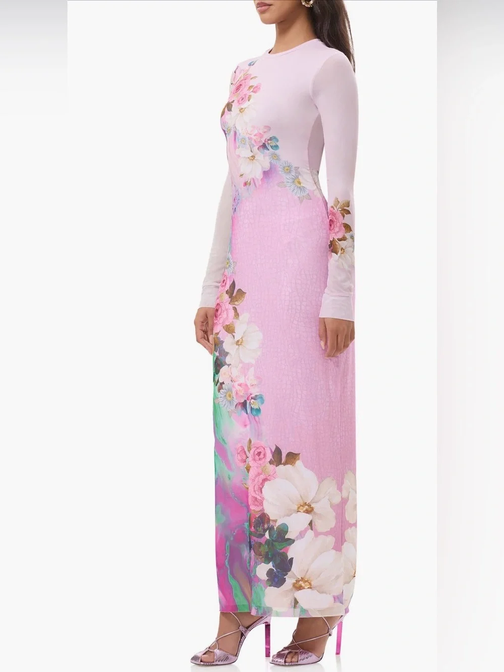Afrm $88 Didi Mesh Long Sleeve Pink Floral Print Maxi Dress - Picture 4 of 4